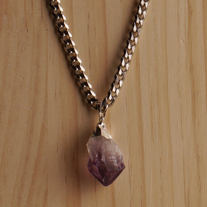 Silver Finished Raw Amethyst with Cuban Chain Necklace