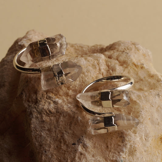 Silver Finished Clear Quartz Dual Ring