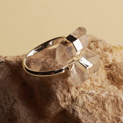Silver Finished Clear Quartz Dual Ring