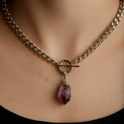 Silver Finished Raw Amethyst Necklace