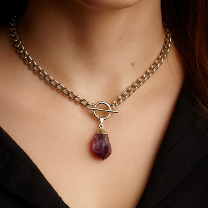 Silver Finished Raw Amethyst Necklace