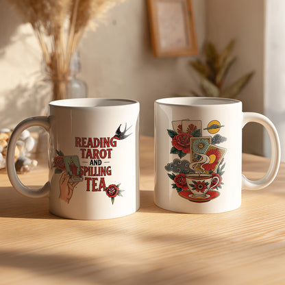 Reading Tarot and Spilling Tea – White Glossy Mug