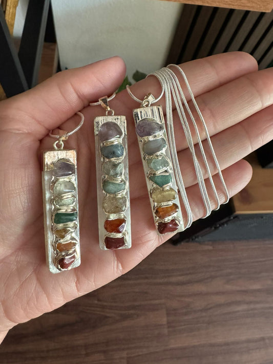 Silver Finished White Selenite and Seven Chakras Necklace