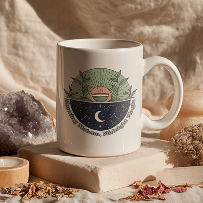 Morning Matcha, Midnight Magic – White Glossy Mug