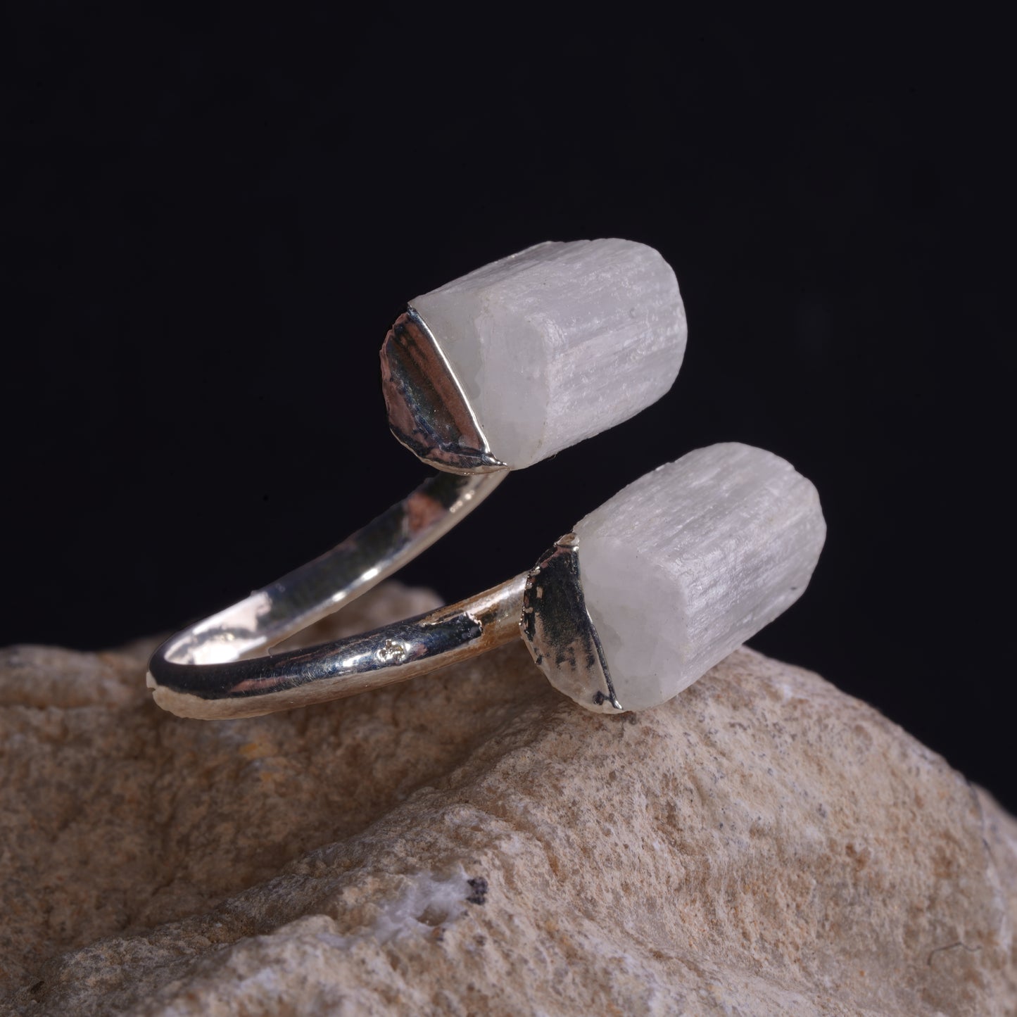 Raw Selenite Double Stone Ring product photo
